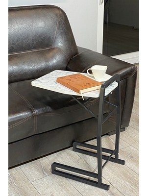 Alchair Tagzo Serisi Mdf Beyaz Mermer Desen Katlanabilir Tekerlekli Yan Sehpa Siyah Metal Ayak C Sehpa