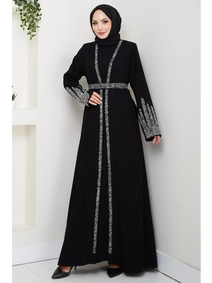 Taş Detaylı Içlikli Abaya Takım Siyah HM2858