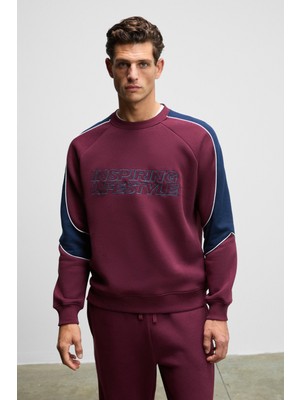 Grimelange HERCULES Erkek Bisiklet Yaka Önü Nakışlı Kolları Biyeli Bordo Sweatshirt