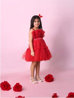 Tüllü Pul Işlemeli Kısa Kız Çocuk Abiye Elbise 5-10 Yaş