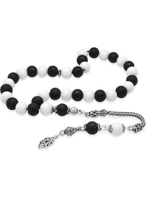 Tesbihname 925 Ayar Gümüş Foxtail Püsküllü Küre Kesim Siyah Beyaz Jade Oniks Doğaltaş Taraftar Tesbih