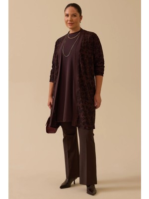 Galaxi Kadın Büyük Beden Desenli Iç Bluzlu Takım 4003 Kahverengi