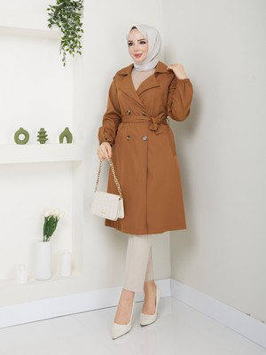 Zenya Moda Kadın Kahverengi Lastik Kollu Trençkot