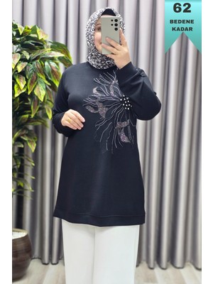 Elmas Tesettür Elmas Büyük Beden Kadın Giyim Modal Taşlı Çiçekli Tunik Uzun Kol Siyah Renkli Şık Tasarım