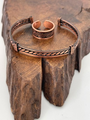 Rupen Kraft Ayarlanabilir %100 Saf Bakır Bileklik Bakır Yüzük Kombini El Yapımı Bileklik Yüzük