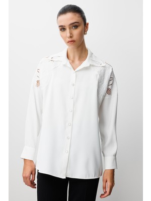 Moda İlgi Moda Ilgi Kadın Nakış Detaylı Oversize Gömlek 0095 Ekru