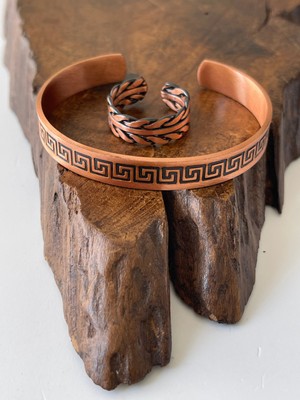 Rupen Kraft Ayarlanabilir %100 Saf Bakır Bileklik Bakır Yüzük Kombini El Yapımı Bileklik Yüzük