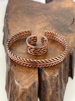 Rupen Kraft Ayarlanabilir %100 Saf Bakır Bileklik Bakır Yüzük Kombini El Yapımı Bileklik Yüzük