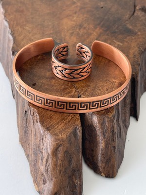 Rupen Kraft Ayarlanabilir %100 Saf Bakır Bileklik Bakır Yüzük Kombini El Yapımı Bileklik Yüzük