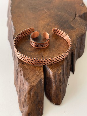 Rupen Kraft Ayarlanabilir %100 Saf Bakır Bileklik Bakır Yüzük Kombini El Yapımı Bileklik Yüzük