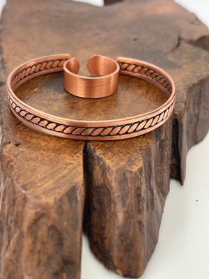 Rupen Kraft Ayarlanabilir %100 Saf Bakır Bileklik Bakır Yüzük Kombini El Yapımı Bileklik Yüzük