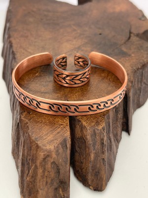 Rupen Kraft Ayarlanabilir %100 Saf Bakır Bileklik Bakır Yüzük Kombini El Yapımı Bileklik Yüzük
