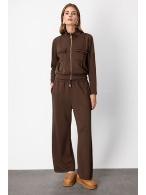 On Kadın Beli Lastikli Bol Paça Eşofman Altı 66510 Kahverengi