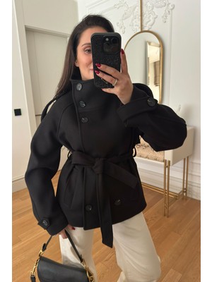 Magarde Dik Yaka Düğmeli Kuşaklı Kaşe Ceket- Siyah