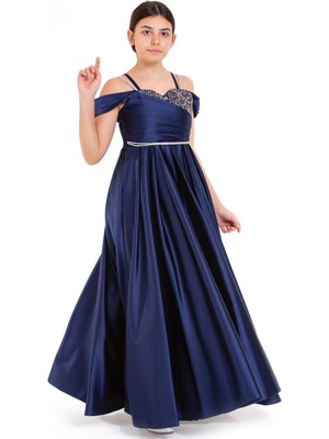 Tarz Çocuk Kız Çocuk Omuz Açık, Taş Detaylı, Uzun Model Lacivert Saten Abiye Elbise