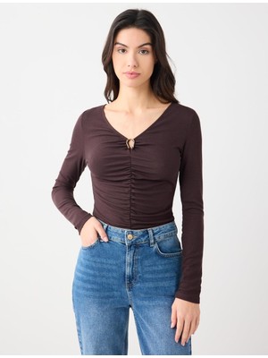 Jimmy Key Acı Kahve V Yaka Uzun Kollu Büzgü Detaylı Örme Bluz