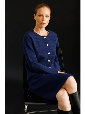 Desen Triko Kadın Kareli Simli Ceket 25065 Lacivert