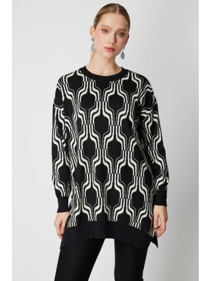 On Kadın Desenli Uzun Triko Kazak 65336 Siyah