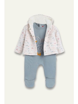 Zeyland Kız Bebek Kapüşonlu Peluş Ceket ve Kuğu Nakışlı Tulum Ikili Takım - Pembe