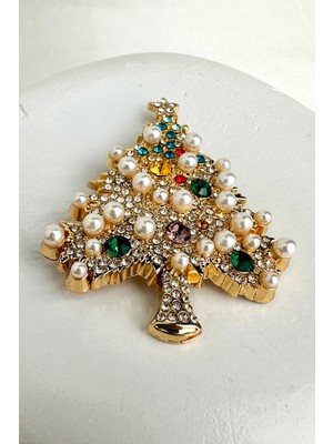 Modex Yılbaşı Özel Inci Taş Süslemeli Çam Ağacı Broş (6cm)