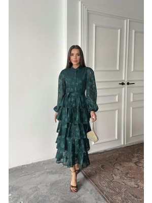 Etiler Collection Zümrüt Valonlu Şeritli Kat Kat Elbise