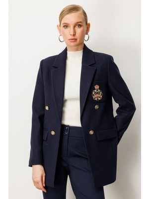 Ekol Kadın Önü Armalı Kapak Cepli Kaşe Ceket 5071 Lacivert