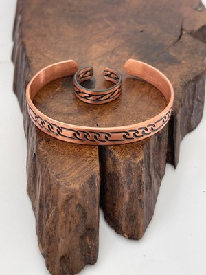 Rupen Kraft Ayarlanabilir %100 Saf Bakır Bileklik Bakır Yüzük Kombini El Yapımı Bileklik Yüzük