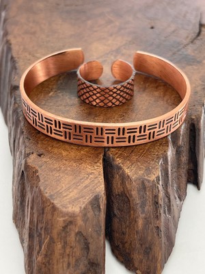 Rupen Kraft Ayarlanabilir %100 Saf Bakır Bileklik Bakır Yüzük Kombini El Yapımı Bileklik Yüzük