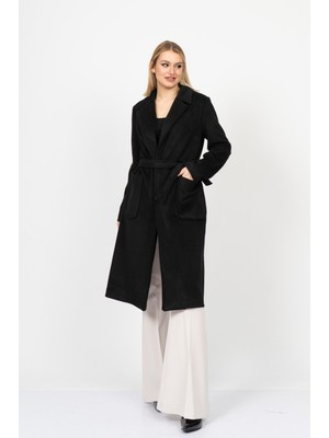 MissVina Kadın Uzun Kol Kaşe Kaban Siyah Düz Desenli Orta Kalınlık Özellikli 38 Beden