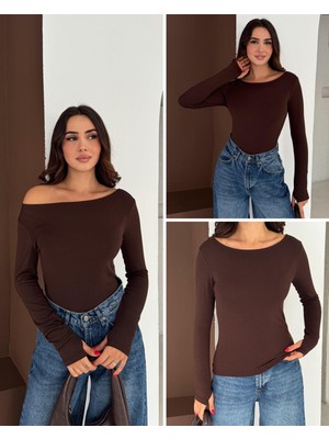 Elaxi Kadın Kayık Yaka Parmak Geçmeli Uzun Kollu Full Likralı Pamuk Viskon Buzzy Body Tişort