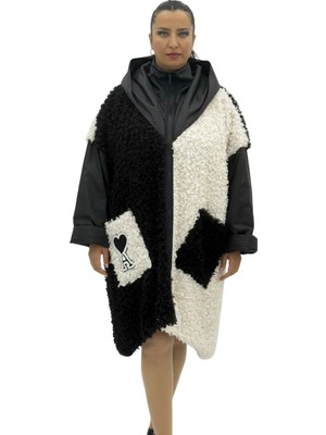 AlanyaXXL Büyük Beden Siyah Ekru Kontrast Desenli Kapüşonlu Oversize Kadın Kaban