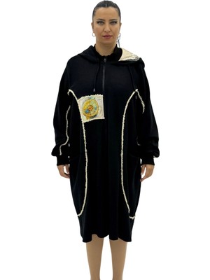 AlanyaXXL Büyük Beden Pamuklu Fermuarlı Kapüşonlu Uzun Oversize Hırka Kadın Kaban