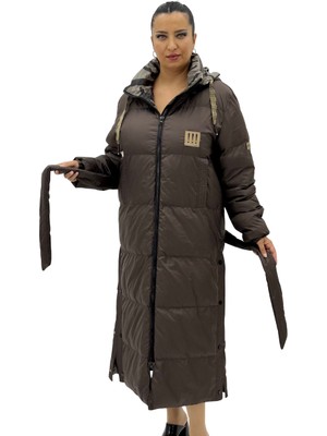 AlanyaXXL Büyük Beden Kemerli Kapüşonlu Fermuarlı Oversize Uzun Şişme Kadın Kaban