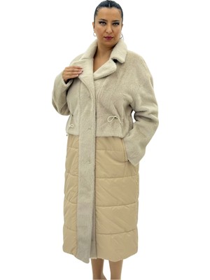 AlanyaXXL Büyük Beden Kürklü Düğmeli Şişme Uzun Oversize Kadın Kaban