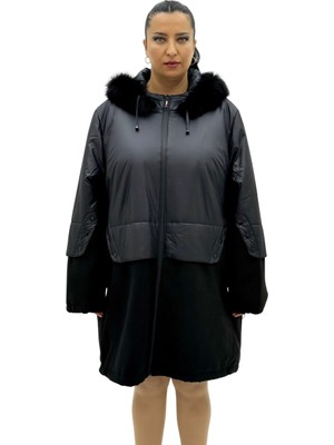 AlanyaXXL Büyük Beden Kapüşonlu Kürk Detaylı Yünlü Uzun Kol Oversize Kadın Kaban