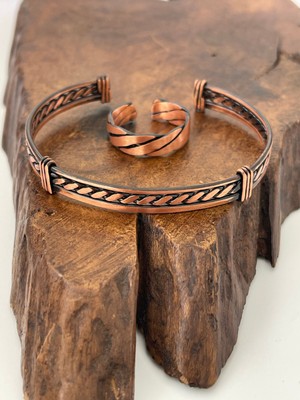 Rupen Kraft Ayarlanabilir %100 Saf Bakır Bileklik Bakır Yüzük Kombini El Yapımı Bileklik Yüzük