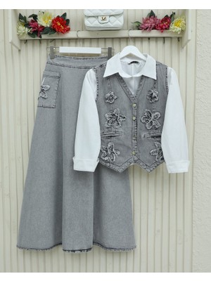 Artsviva Desenli Etek Beli Lastikli Yelek Etek Kot Takım   -Gri