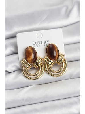 Clariss Pirinç Gold Renk Kahverengi Taşlı Vintage Kadın Küpe