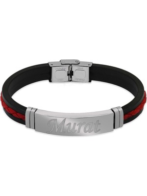 Tesbihname Silikon Kordonlu Gümüş Renk Çelik Plakalı Kırmızı Ip Detaylı Isme Özel Harf Yazılı Erkek Bileklik