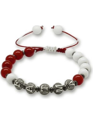 Tesbihname Isme Özel Yazılı Makrome Örgü Küre Kırmızı Beyaz Jade Akik Hematit Doğaltaş Kadın Taraftar Bileklik