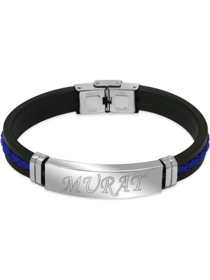 Tesbihname Silikon Kordonlu Gümüş Renk Çelik Plakalı Mavi Ip Detaylı Isme Özel Veya Harf Yazılı Erkek Bileklik