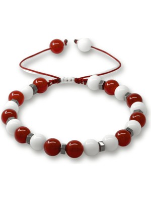 Tesbihname Makrome Örgülü Küre Kesim Kırmızı Beyaz Jade Akik Hematit Doğaltaş Erkek Taraftar Bileklik