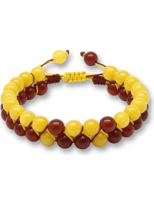 Tesbihname Çift Sıra Makrome Örgülü Küre Kesim Sarı Kırmızı Jade Akik Hematit Doğaltaş Erkek Taraftar Bileklik