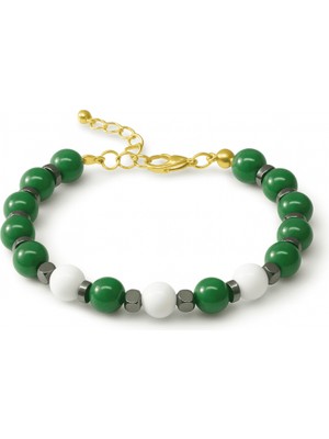 Tesbihname Gold Renk Kararmaz Metal Zincir Küre Kesim Yeşil Beyaz Jade Hematit Doğaltaş Kadın Taraftar Bileklik