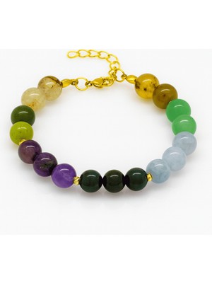 Tesbihname Gold Renk Kararmaz Metal Zincirli Küre Kesim Çoklu Doğaltaş Kombinli Kadın Şifa Bilekliği