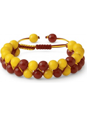 Tesbihname Çift Sıra Makrome Örgülü Küre Kesim Sarı Kırmızı Jade Akik Hematit Doğaltaş Kadın Taraftar Bileklik