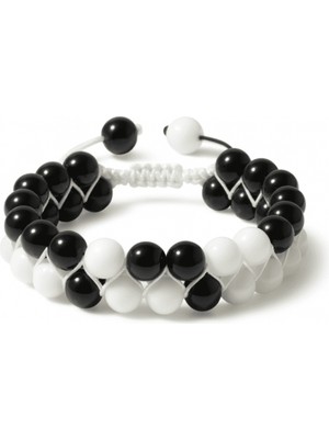 Tesbihname Çift Sıra Makrome Örgülü Küre Kesim Siyah Beyaz Jade Oniks Doğaltaş Kadın Taraftar Bileklik