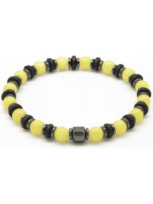 Tesbihname Hematit Doğaltaş Süslemeli Küre Kesim Sarı Beyaz Renk Beyrut Kehribar Kadın Bileklik