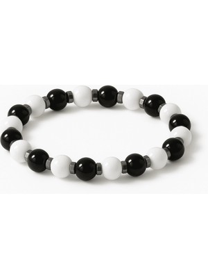Tesbihname Küre Kesim Siyah Beyaz Jade Oniks Hematit Doğaltaş Kadın Taraftar Bileklik M2