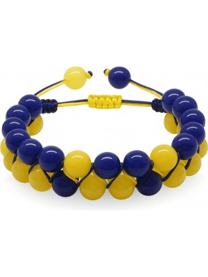 Tesbihname Çift Sıra Makrome Örgülü Küre Kesim Sarı Lacivert Jade Doğaltaş Kadın Taraftar Bileklik